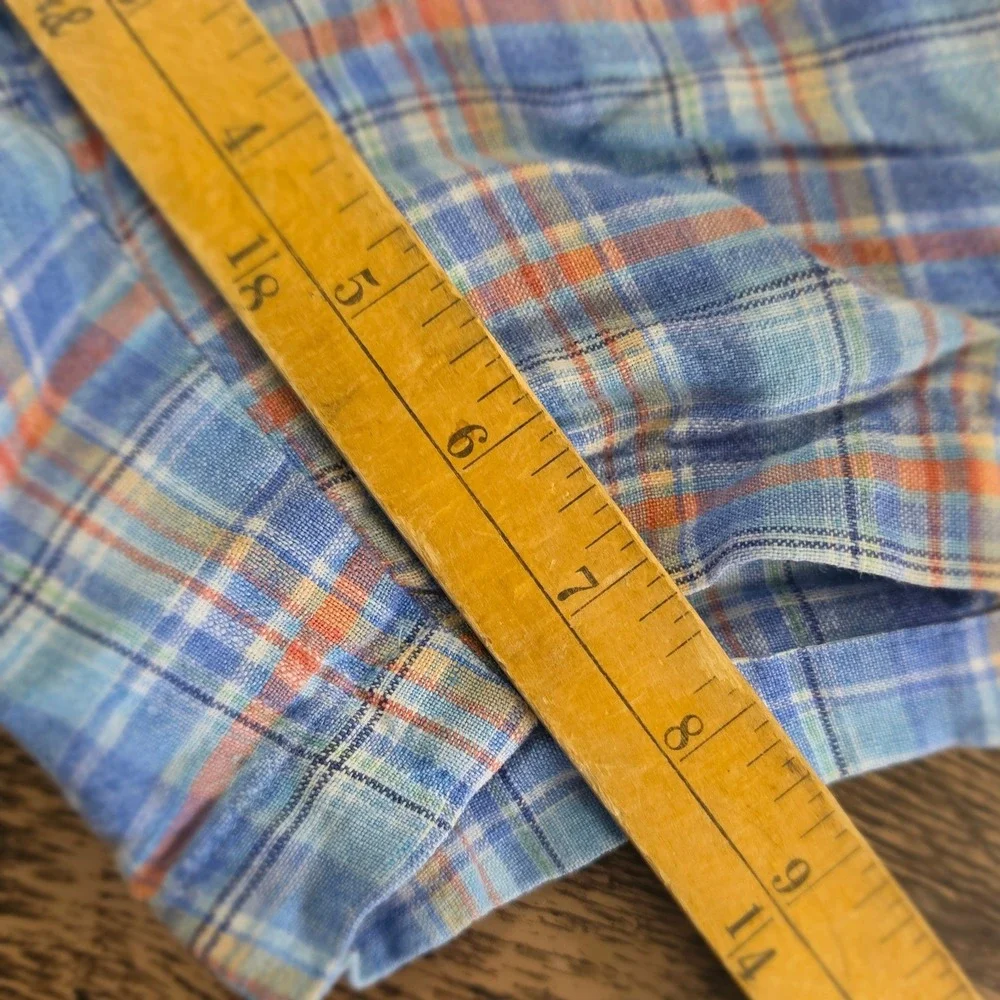 PETER MILLAR Plaid Shorts Mens 34 Blue Orange Linen Blend Flat Front Golf Summer